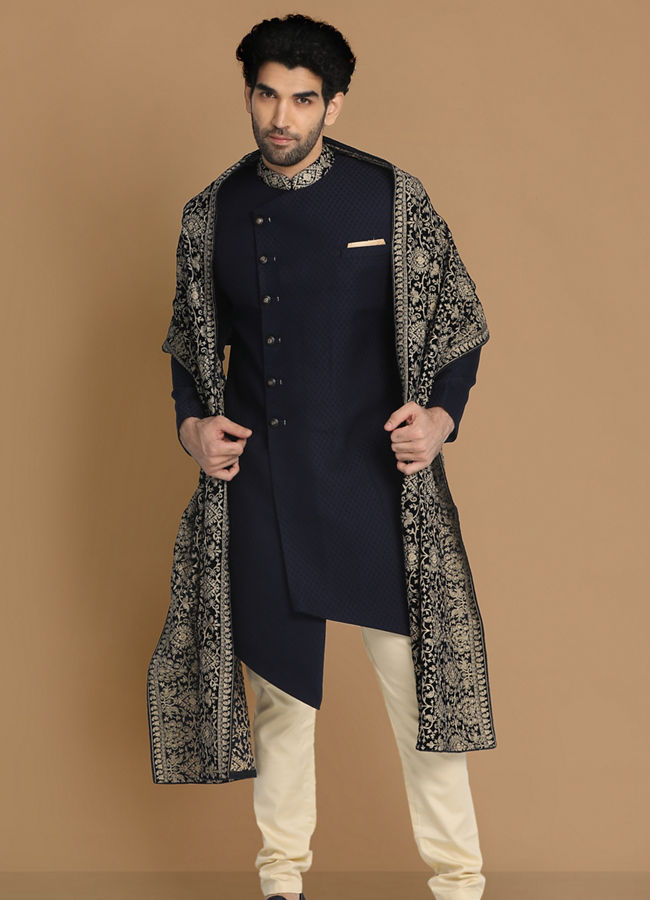 alt message - Manyavar Men Achkan Style Blue Indo Western image number 2